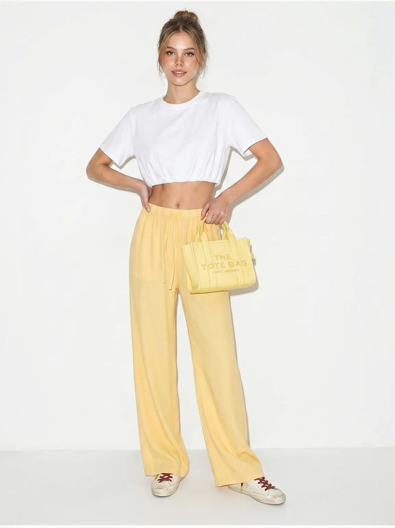 Calças de algodão de perna larga com cintura com cordão lucci Amarelo-limão - Kiabi