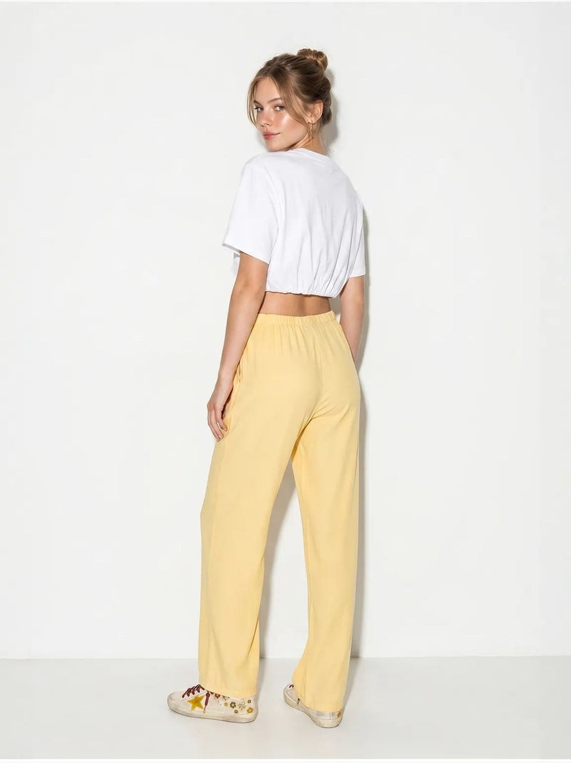 Calças de algodão de perna larga com cintura com cordão lucci Amarelo-limão - Kiabi