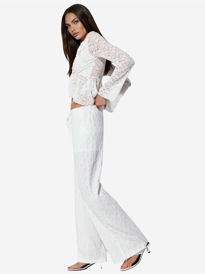Calças de algodão femininas de perna reta busem Branco - Kiabi