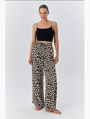 Calças de cintura subida com estampado leopardo e perna larga mixray