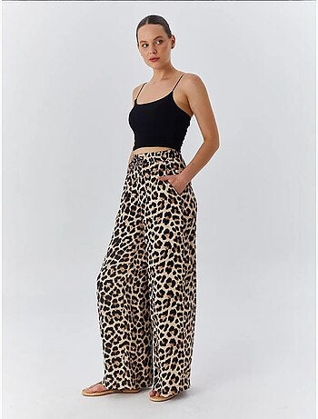 Calças de cintura subida com estampado leopardo e perna larga mixray