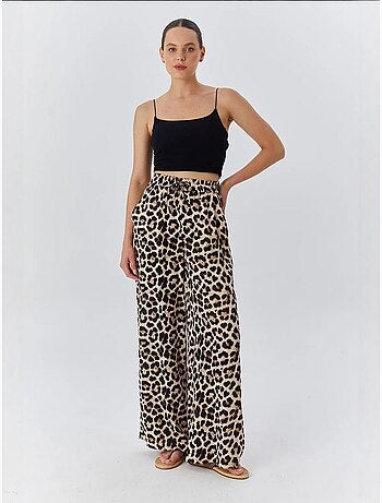 Calças de cintura subida com estampado leopardo e perna larga mixray