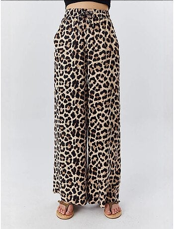 Calças de cintura subida com estampado leopardo e perna larga mixray