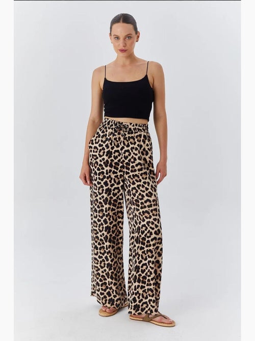 Calças de cintura subida com estampado leopardo e perna larga mixray - Kiabi