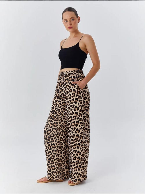 Calças de cintura subida com estampado leopardo e perna larga mixray - Kiabi