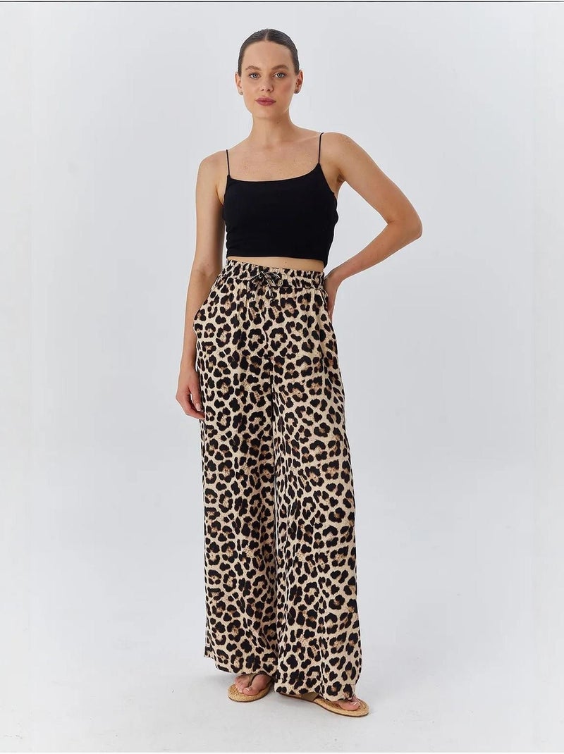 Calças de cintura subida com estampado leopardo e perna larga mixray Bege-argila - Kiabi