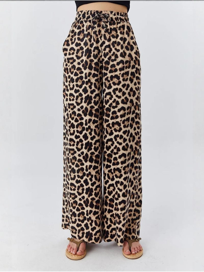 Calças de cintura subida com estampado leopardo e perna larga mixray Bege-argila - Kiabi