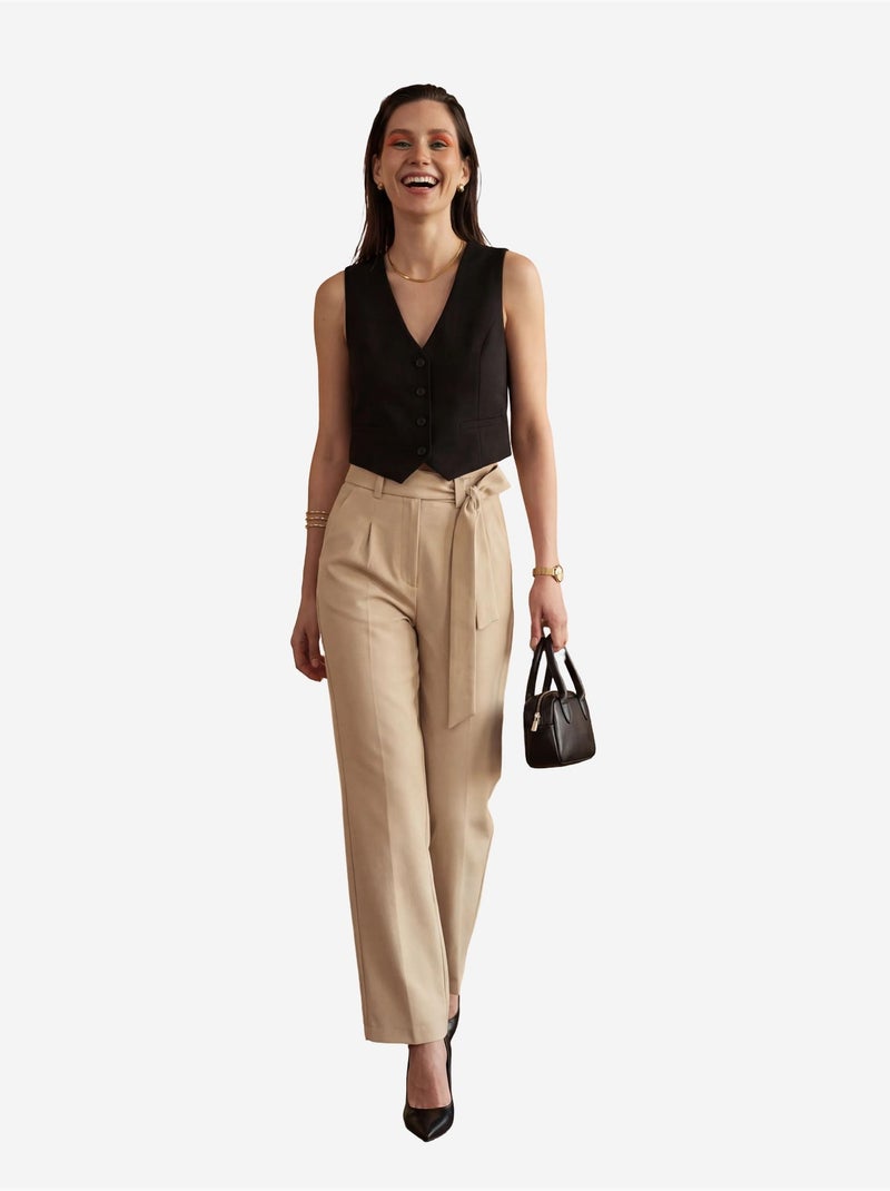 Calças de cintura subida, perna larga e cinto my fashion Bege-argila - Kiabi