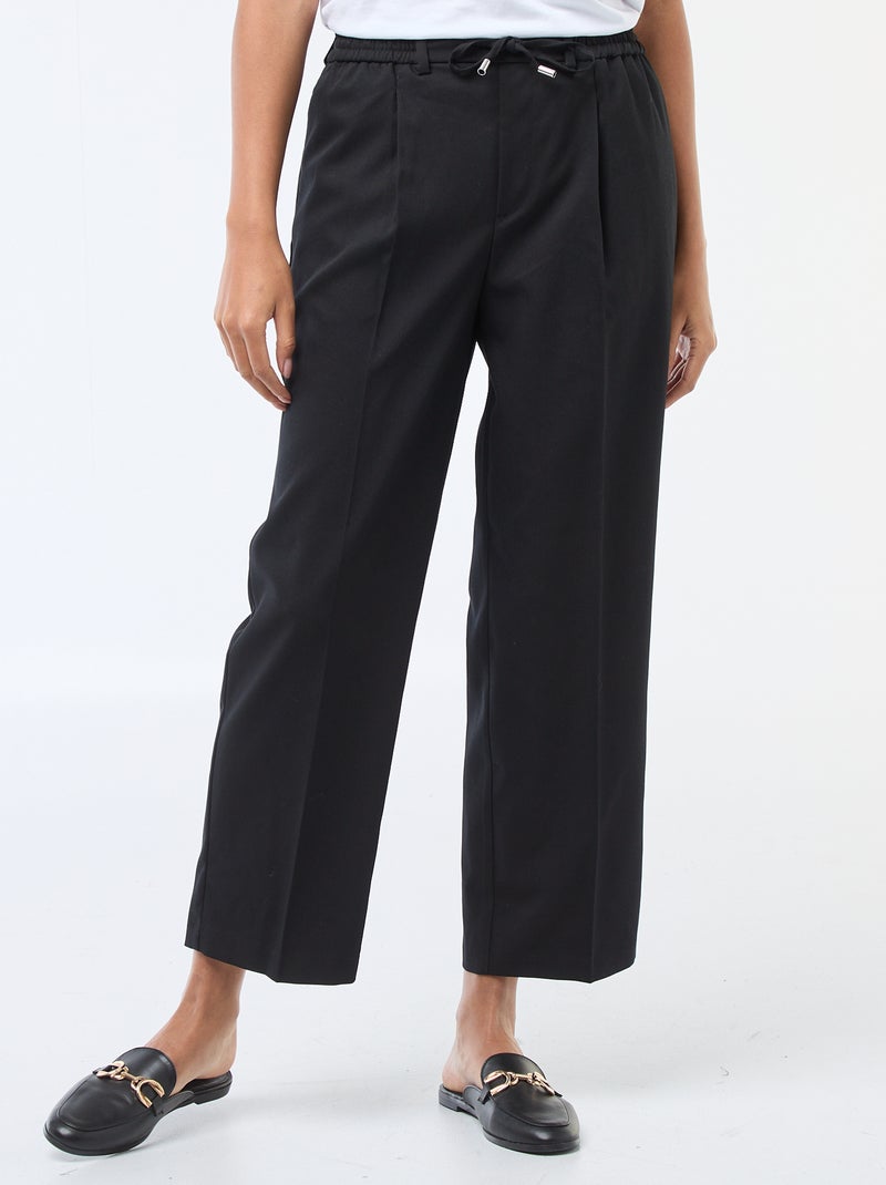 Calças de corte largo com cintura elástica + cordões para atar Preto - Kiabi