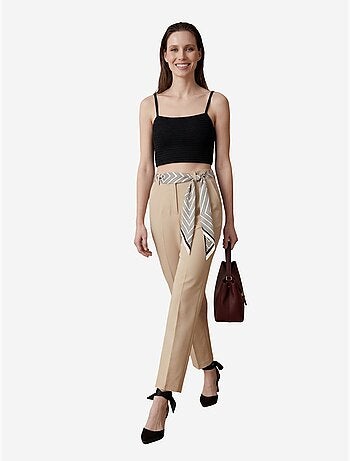Calças de crepe de perna direita e cintura alta com cinto my fashion