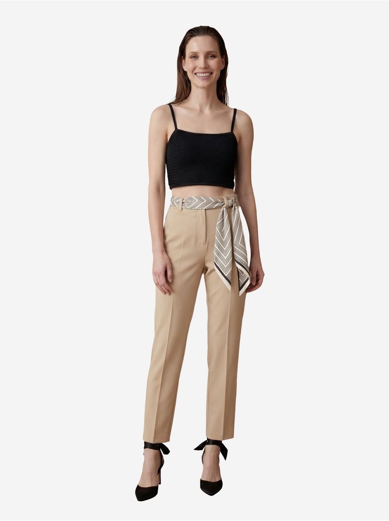 Calças de crepe de perna direita e cintura alta com cinto my fashion Bege-argila - Kiabi