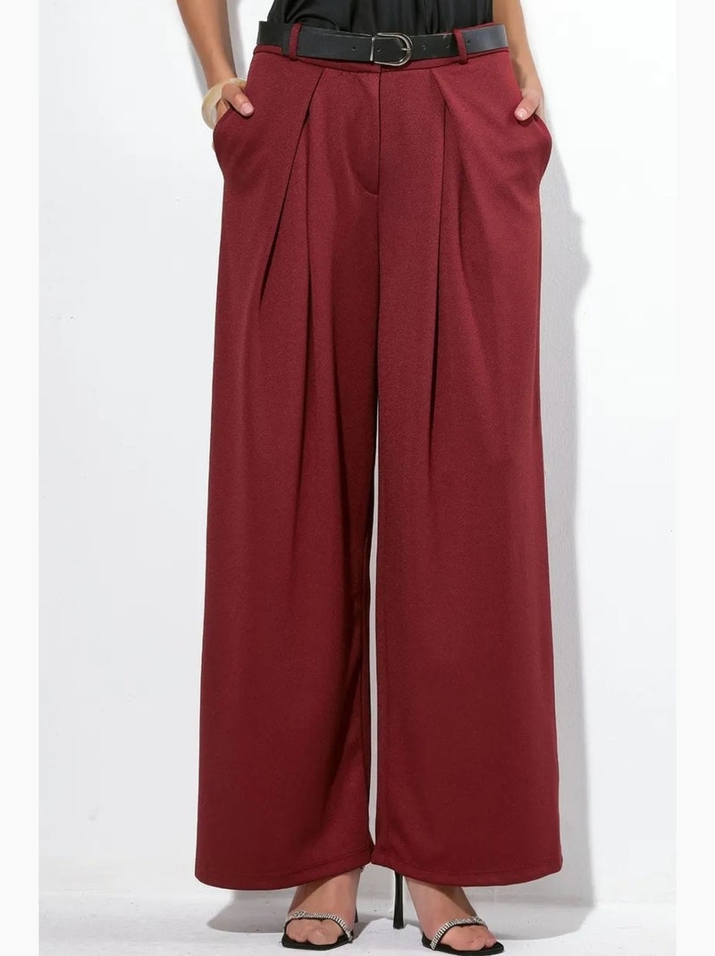 Calças de crepe de perna larga de cintura alta com cinto busem Vermelho bordô - Kiabi