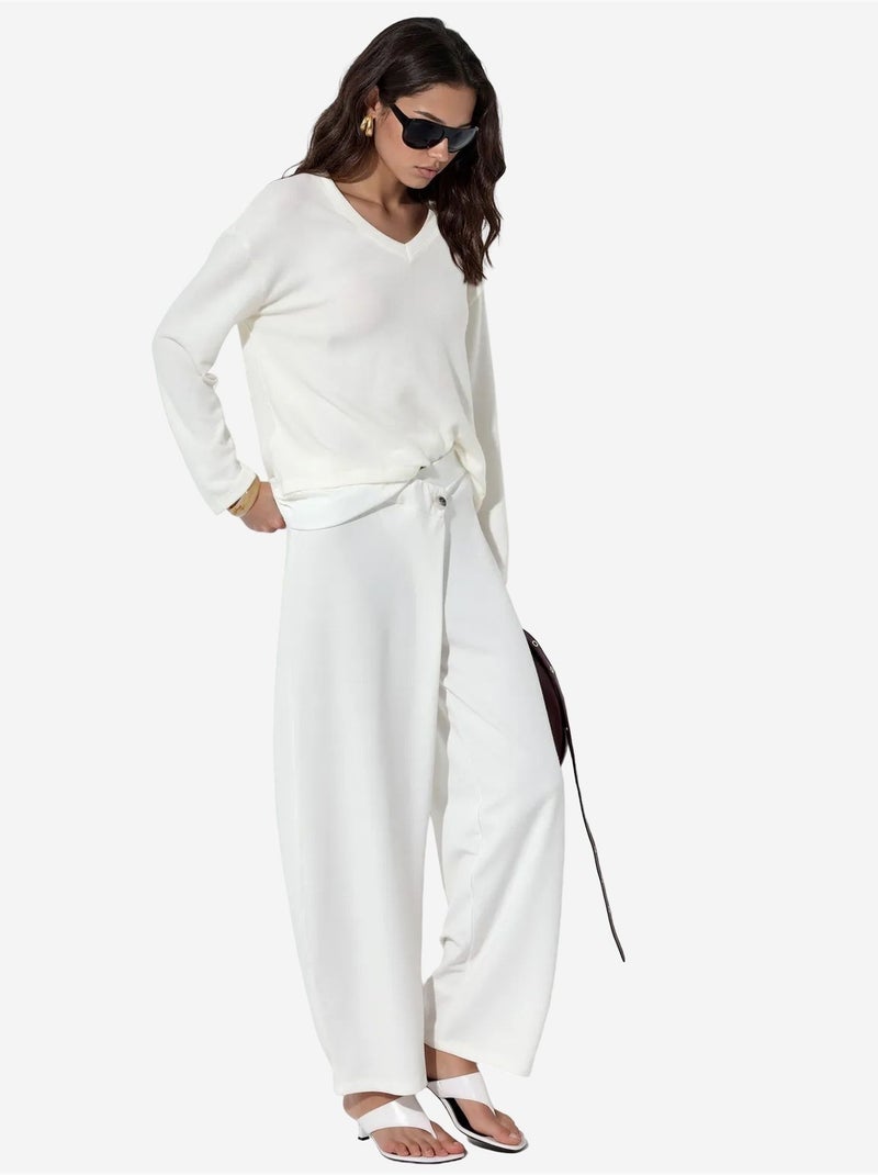 Calças de crepe femininas de cintura alta e perna larga busem Branco sujo - Kiabi