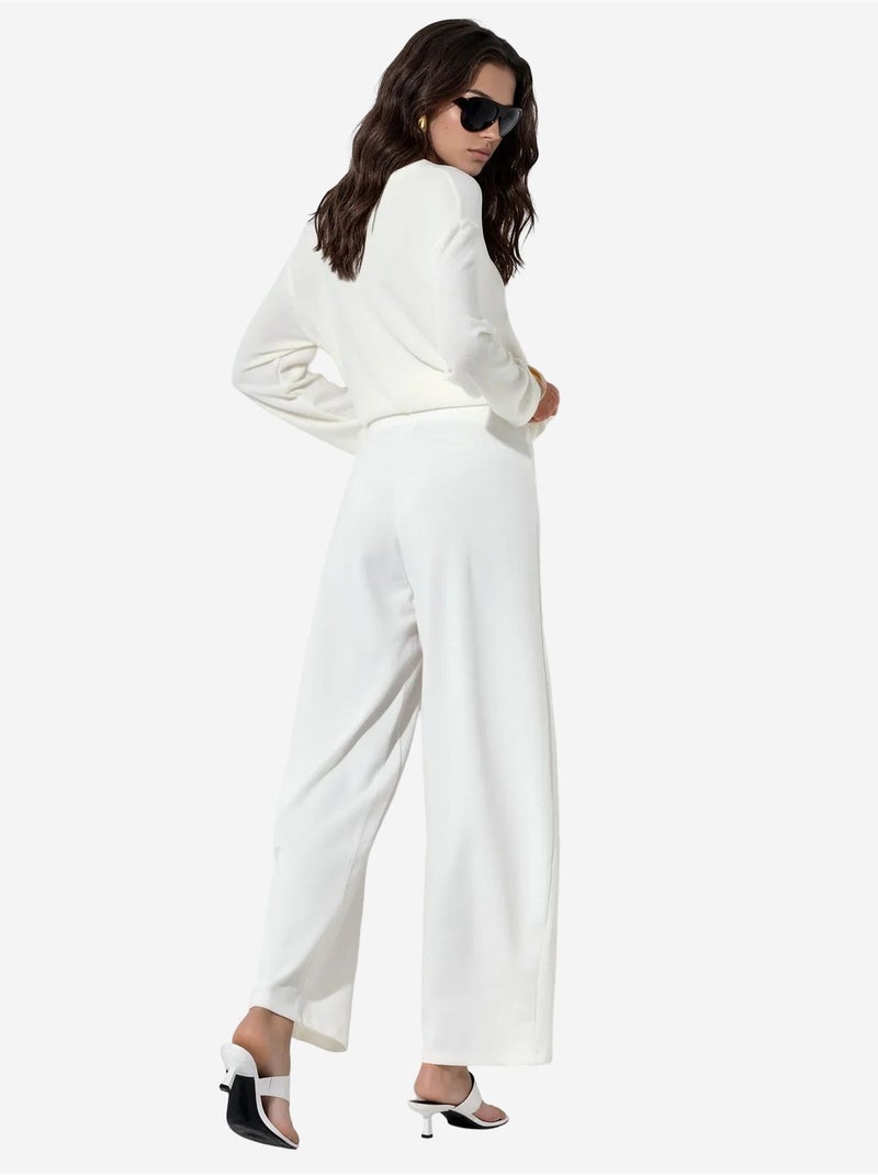 Calças de crepe femininas de cintura alta e perna larga busem Branco sujo - Kiabi