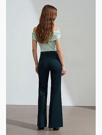 Calças de gabardina à boca de sino de cintura subida para mulher dilvin