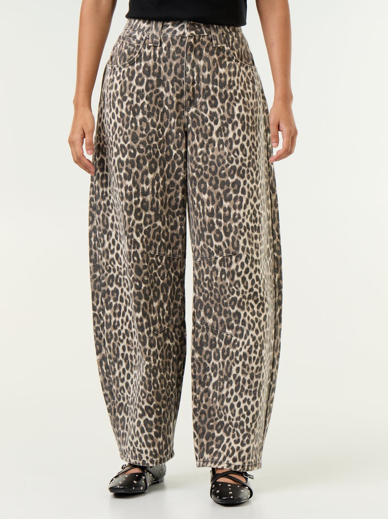 Calças de ganga barrel com estampado de leopardo Castanho - Kiabi
