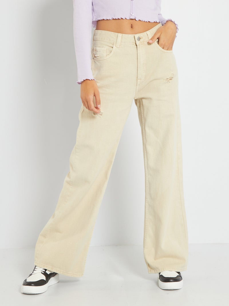 Calças de ganga com cintura subida wide-leg bege - Kiabi