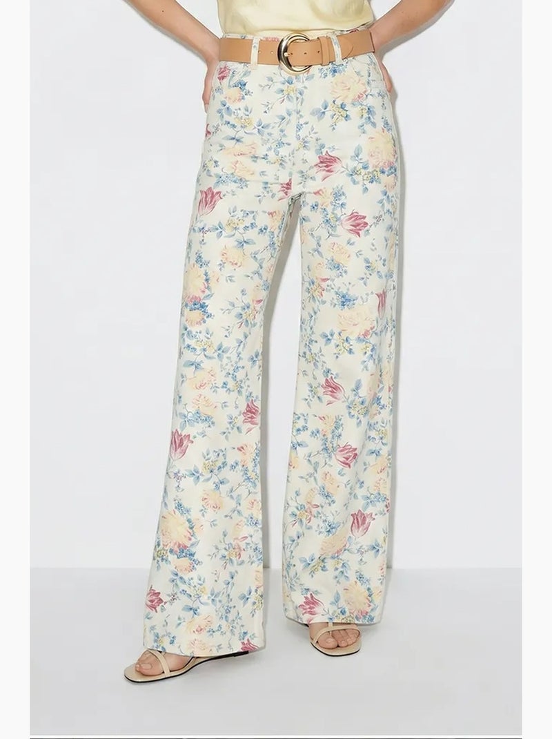 Calças de ganga de cintura subida com estampado paisley e perna reta lucci Branco - Kiabi