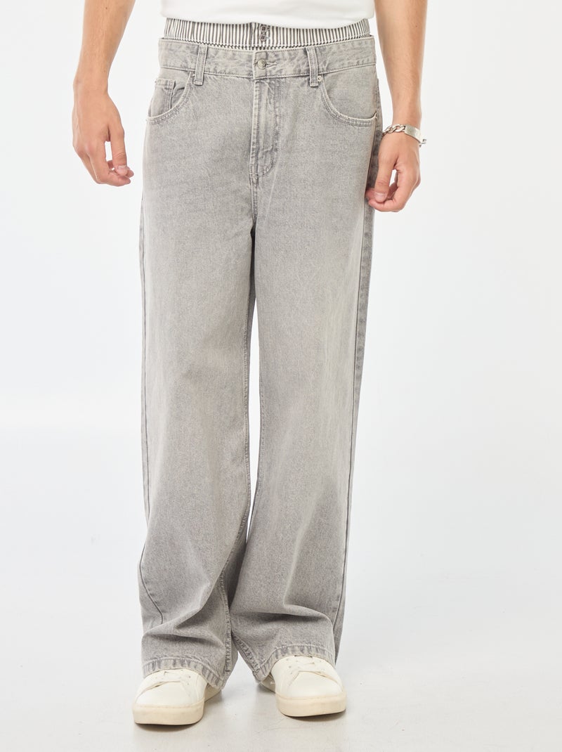 Calças de ganga largas estilo baggy com calções falsos integrados na cintura Cinza - Kiabi