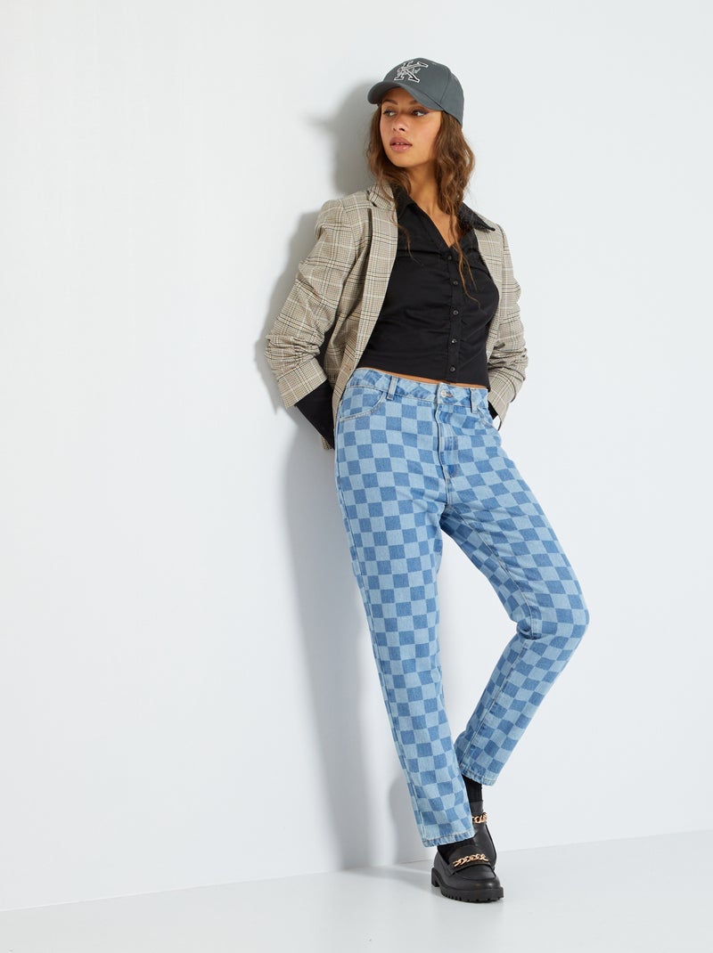 Calças de ganga mom com estampado 'xadrez' AZUL - Kiabi