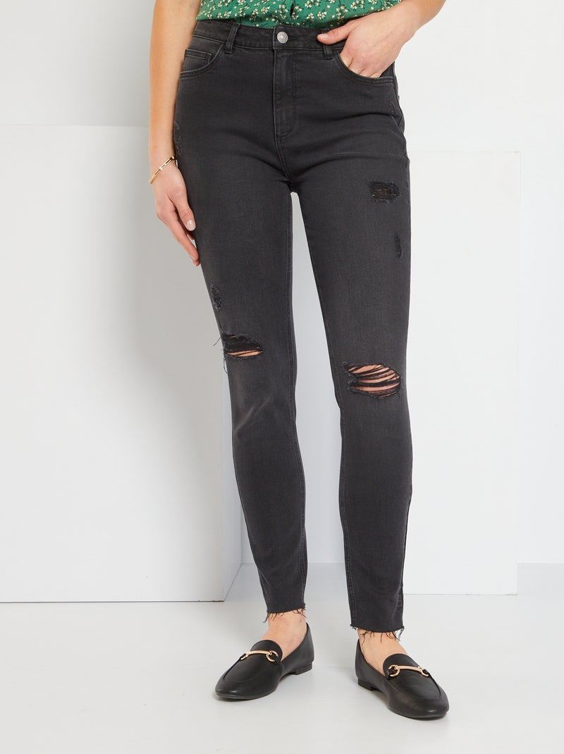 Calças de ganga slim destroy com cintura subida PRETO - Kiabi
