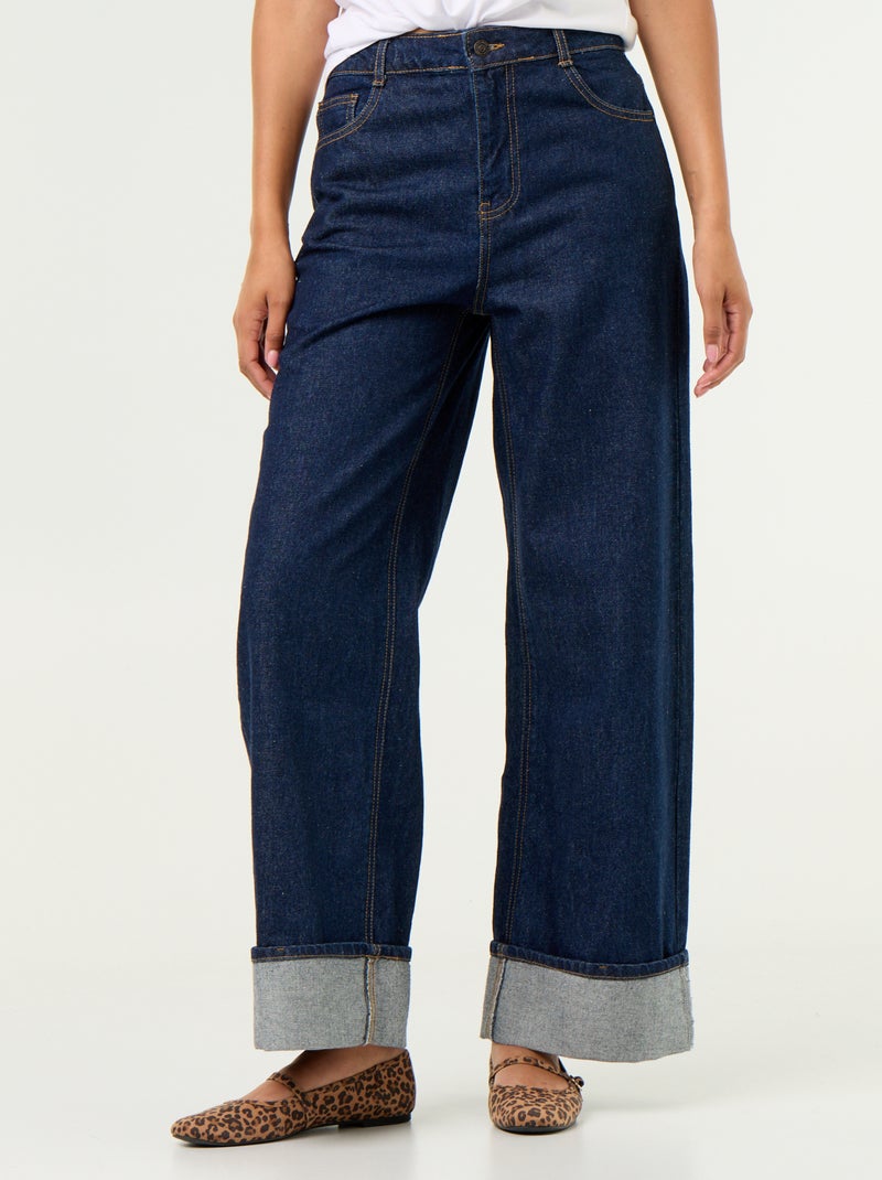 Calças de ganga wide leg com bainha virada Azul - Kiabi