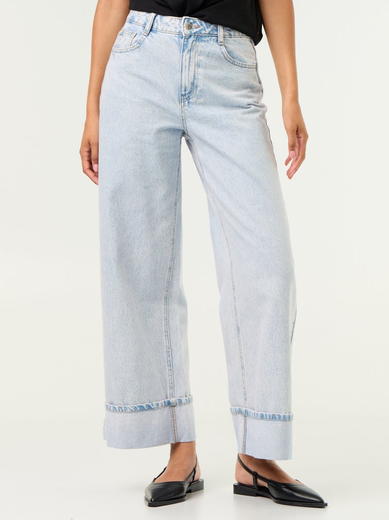 Calças de ganga wide leg com bainha virada Azul - Kiabi