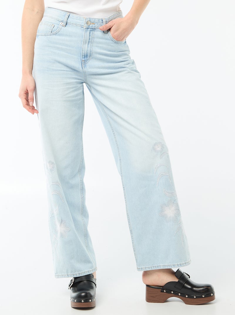 Calças de ganga wide leg com bordados Azul - Kiabi