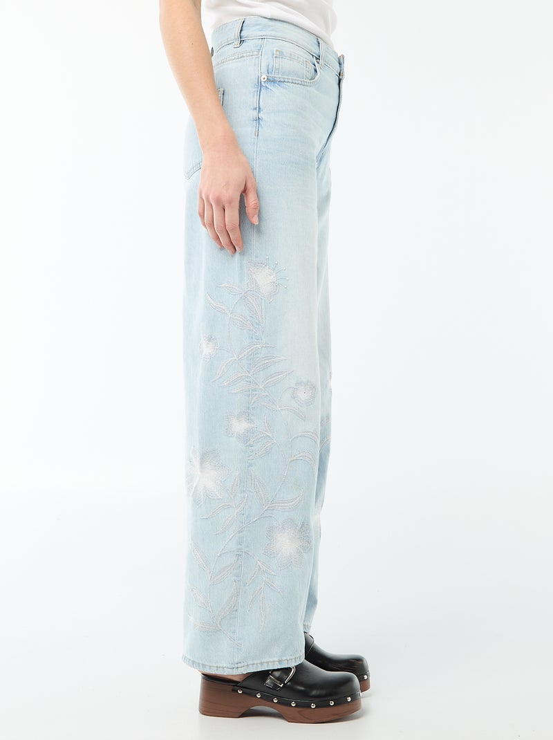 Calças de ganga wide leg com bordados Azul - Kiabi