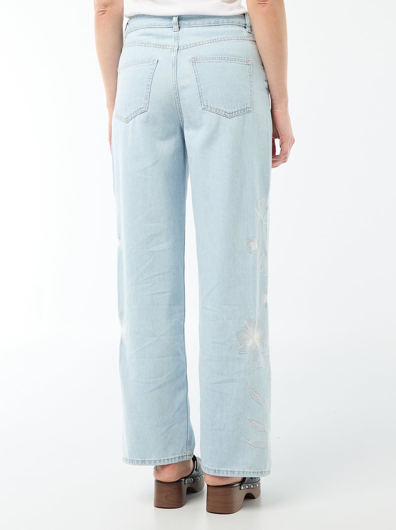 Calças de ganga wide leg com bordados Azul - Kiabi