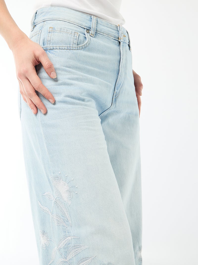 Calças de ganga wide leg com bordados Azul - Kiabi