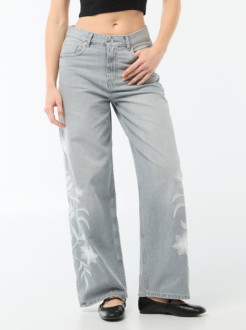 Calças de ganga wide leg com bordados Cinza - Kiabi