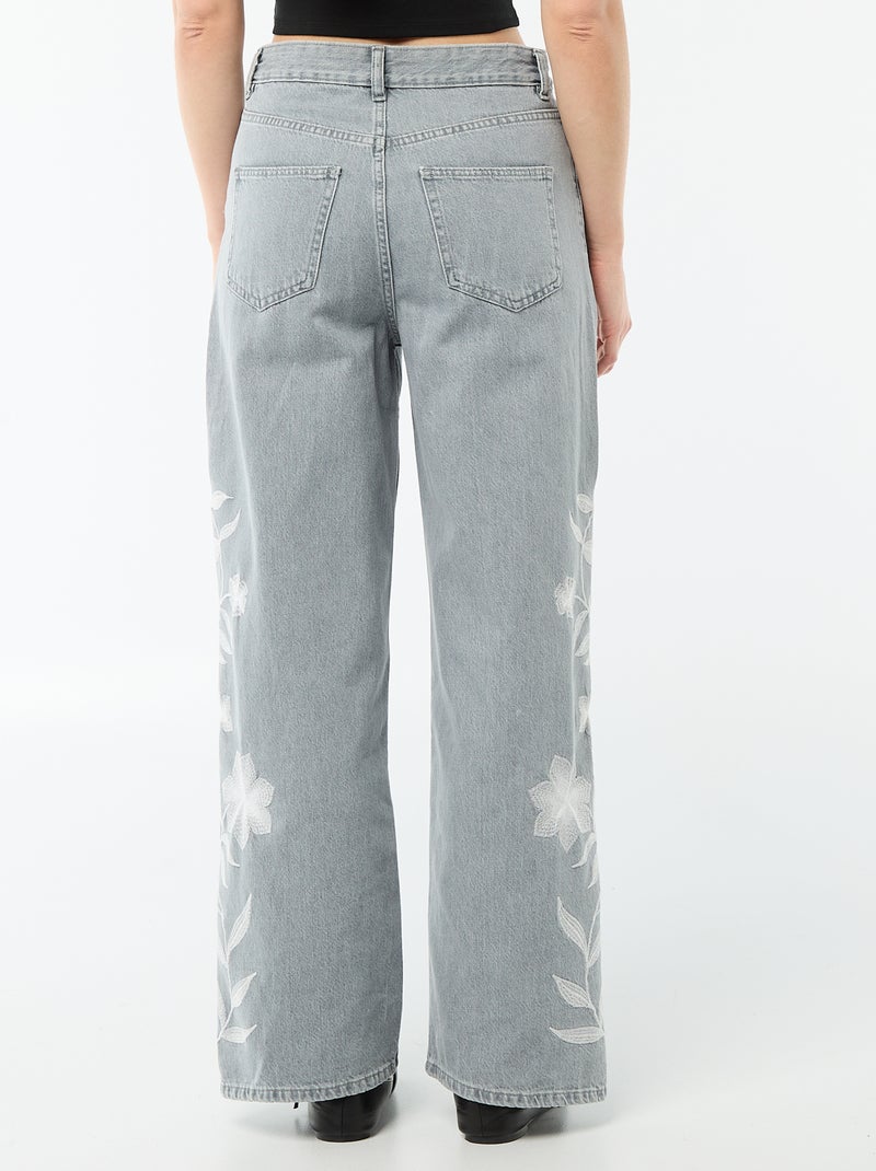 Calças de ganga wide leg com bordados Cinza - Kiabi