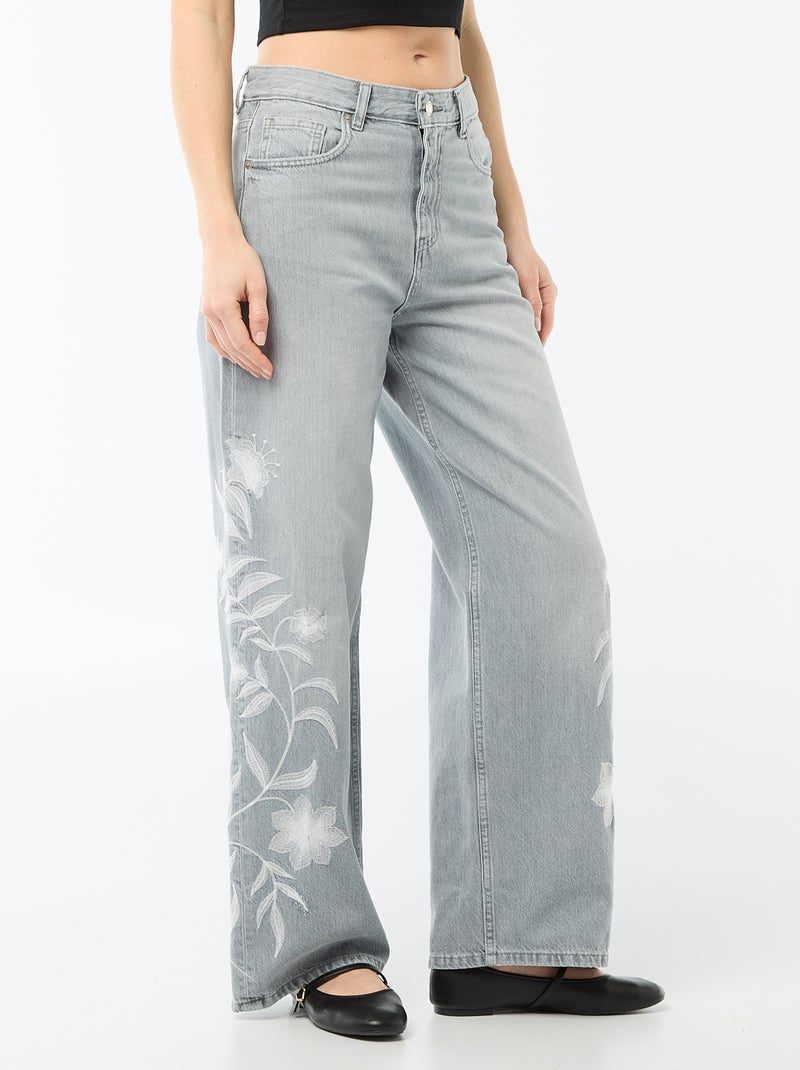 Calças de ganga wide leg com bordados Cinza - Kiabi