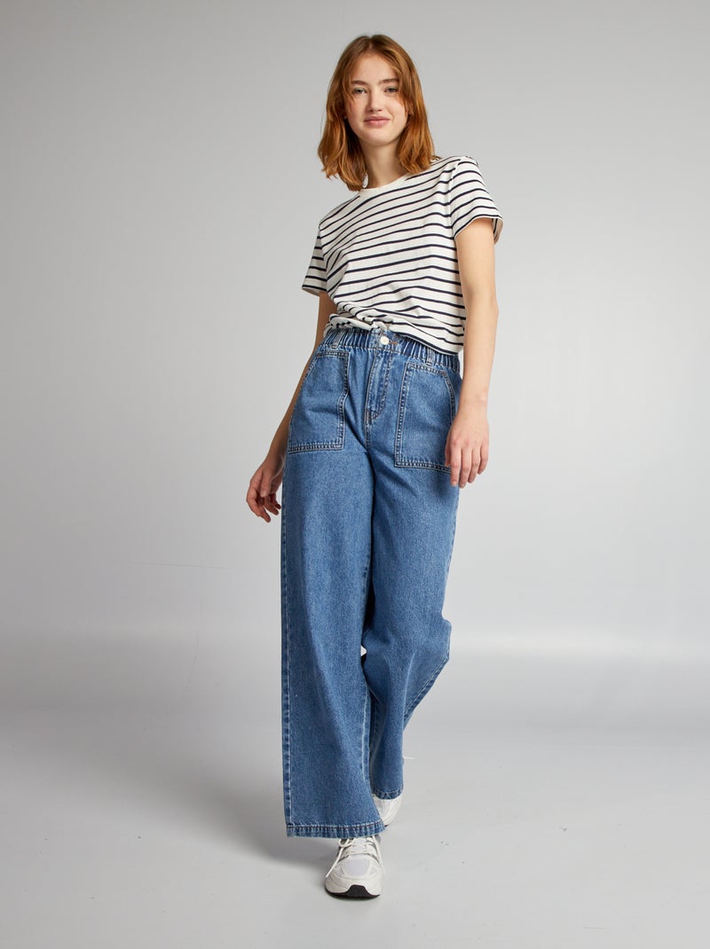 Calças de ganga wide leg com cintura elástica AZUL - Kiabi