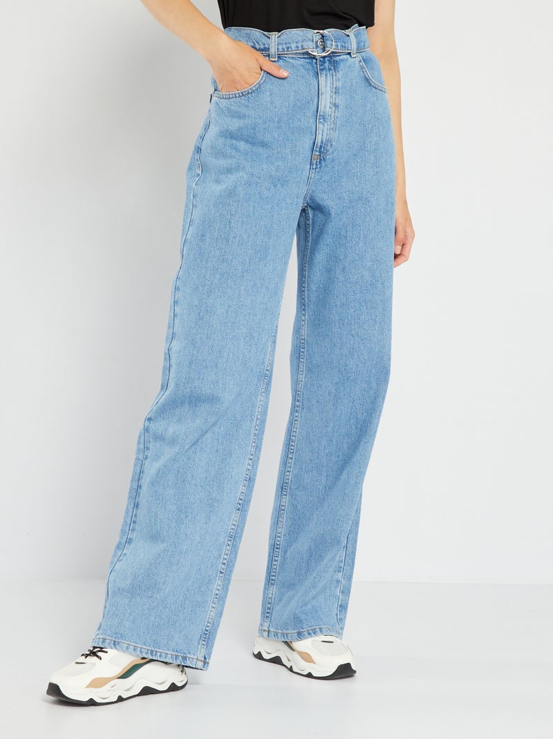 Calças de ganga wide leg com cintura subida e cinto AZUL - Kiabi