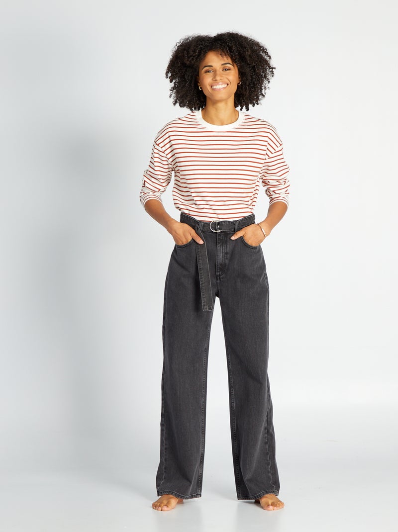 Calças de ganga wide leg com cintura subida e cinto Preto - Kiabi