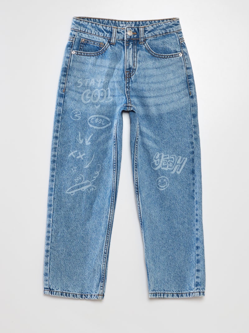 Calças de ganga wide leg com estampado AZUL - Kiabi