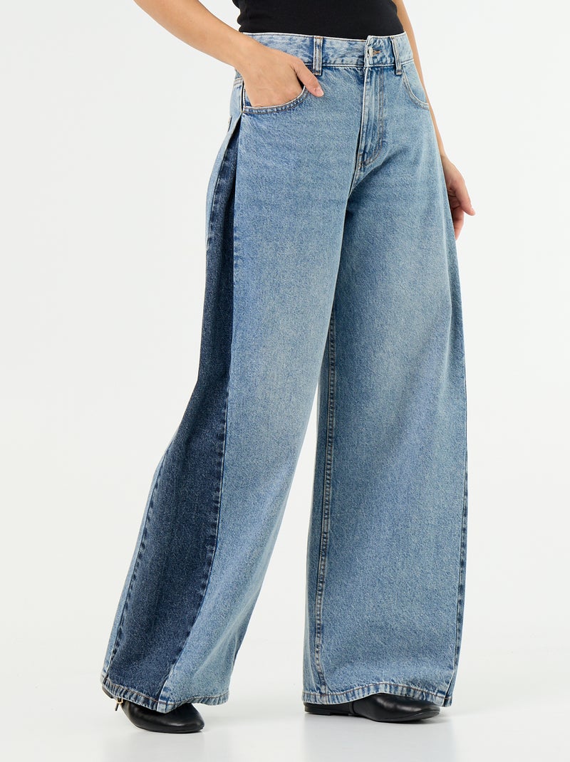 Calças de ganga wide leg contrastantes nas laterais Azul - Kiabi