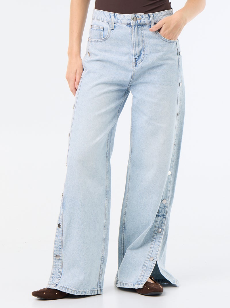 Calças de ganga wide leg / corte largo com molas falsas nas laterais Azul - Kiabi