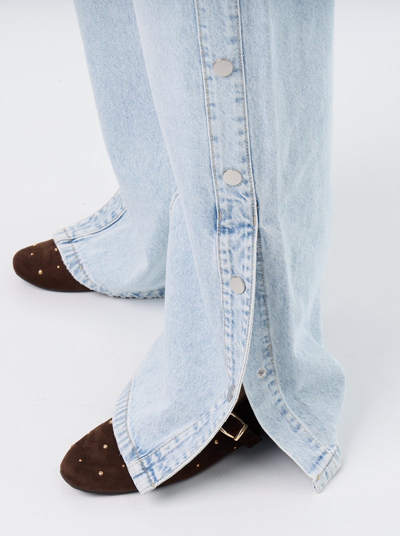 Calças de ganga wide leg / corte largo com molas falsas nas laterais Azul - Kiabi
