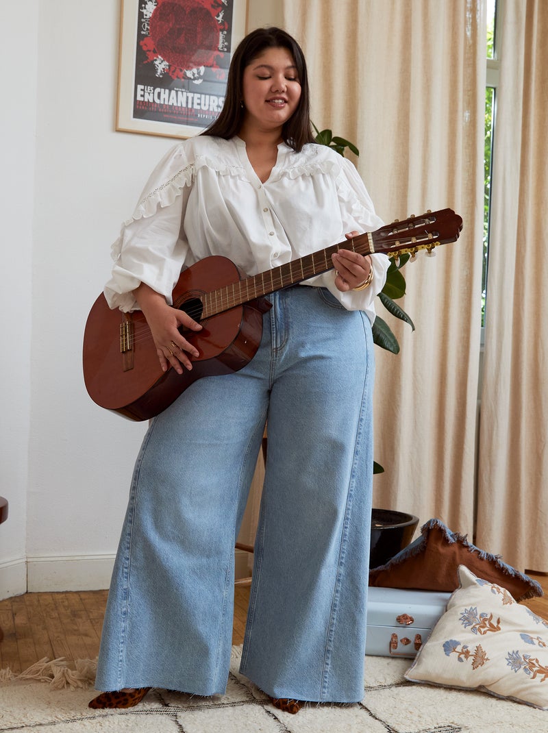 Calças de ganga wide leg e bainha desfiada Azul - Kiabi
