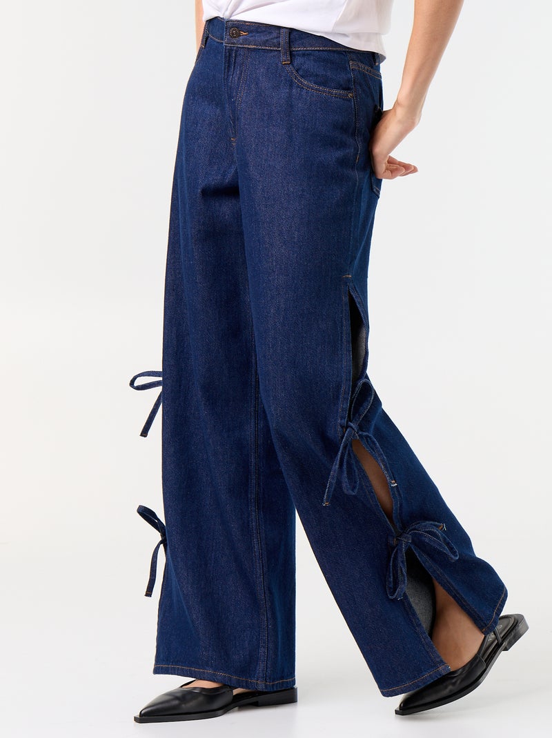 Calças de ganga wide leg largas com laços fantasia na bainha Azul - Kiabi