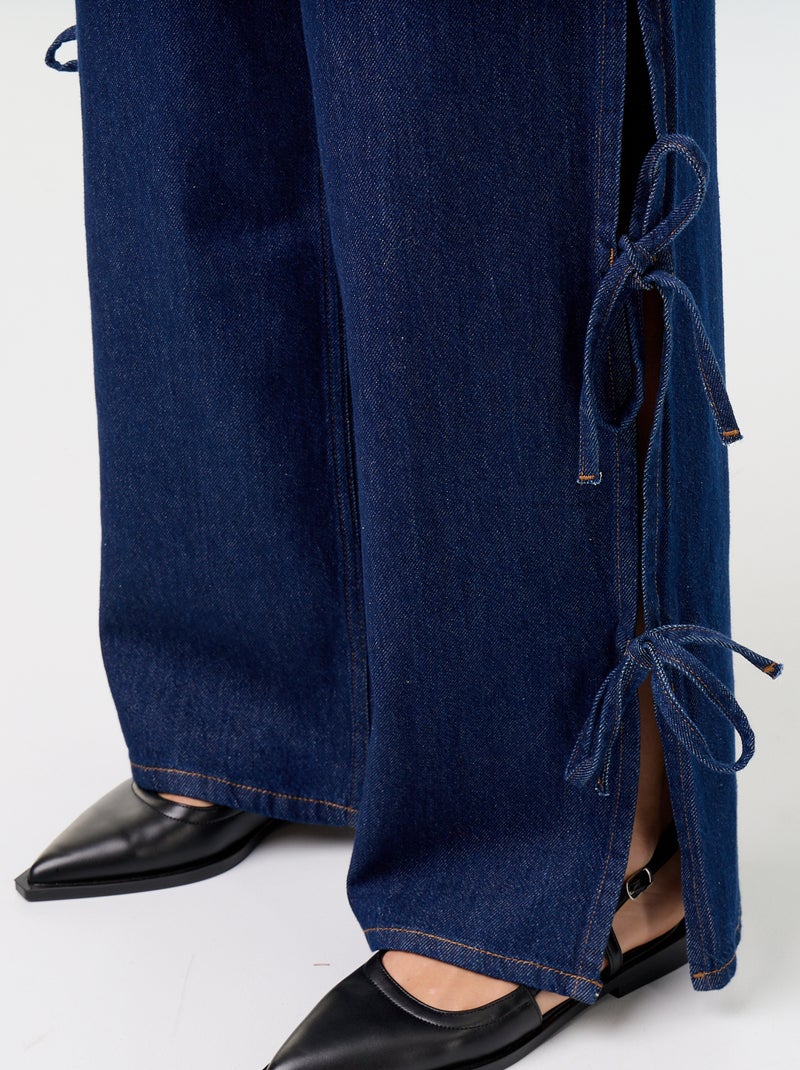 Calças de ganga wide leg largas com laços fantasia na bainha Azul - Kiabi
