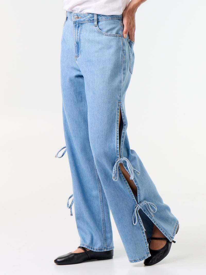 Calças de ganga wide leg largas com laços fantasia na bainha Azul - Kiabi