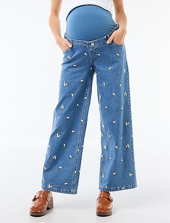 Calças de gravidez com cintura elástica e motivo bordado