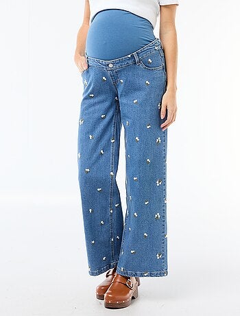 Calças de gravidez com cintura elástica e motivo bordado