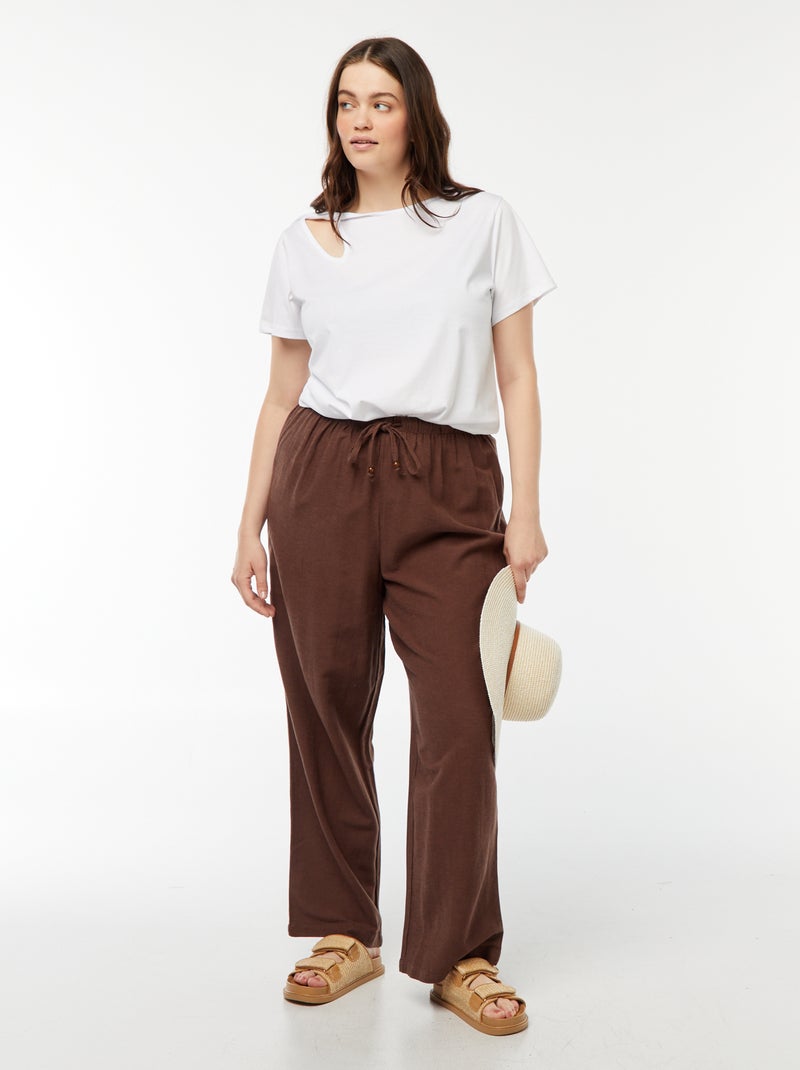 Calças de linho misturado wide leg Castanho - Kiabi