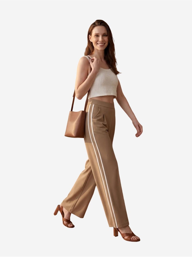 Calças de perna larga com pregas e cintura alta my fashion Camelo - Kiabi