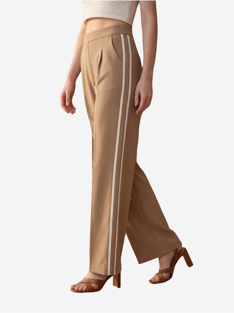Calças de perna larga com pregas e cintura alta my fashion Camelo - Kiabi